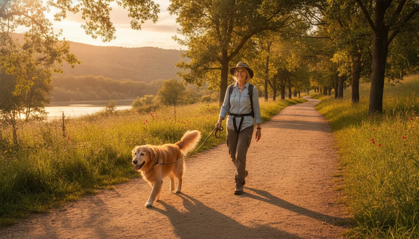 Senior dog on a comfortable walk as part of a joint mobility plan