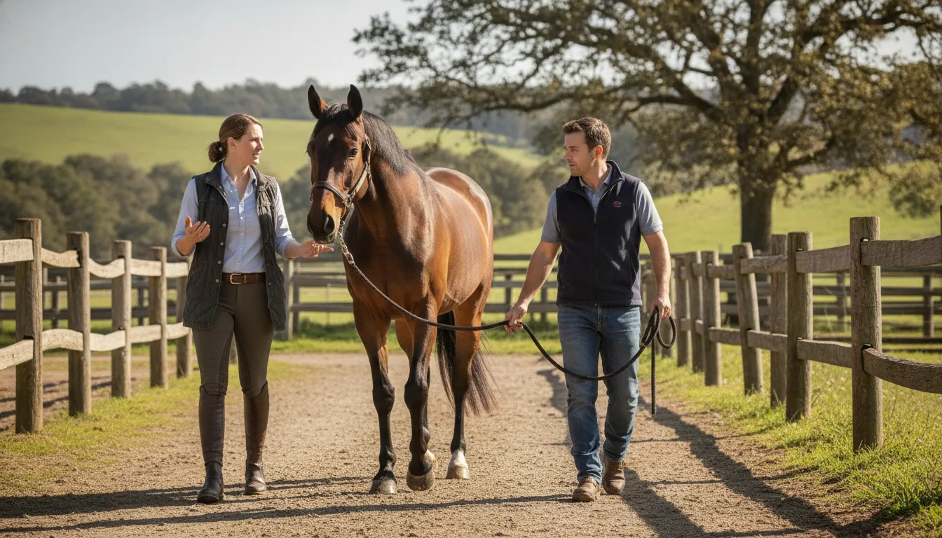 Equine veterinarian and horse owner assessing a horse before discussing joint care