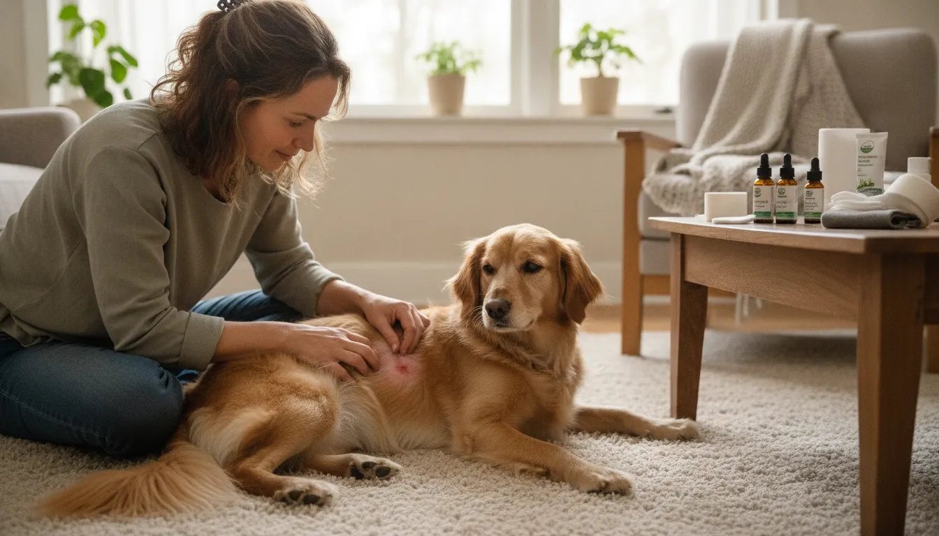 Dog owner gently checking treatment for a hot spot on a dog