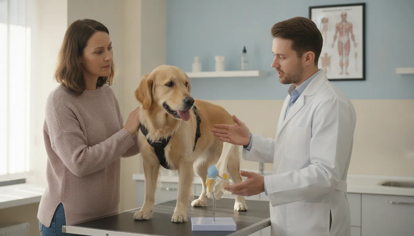 Dog owner discussing hip and joint supplement options with a veterinarian