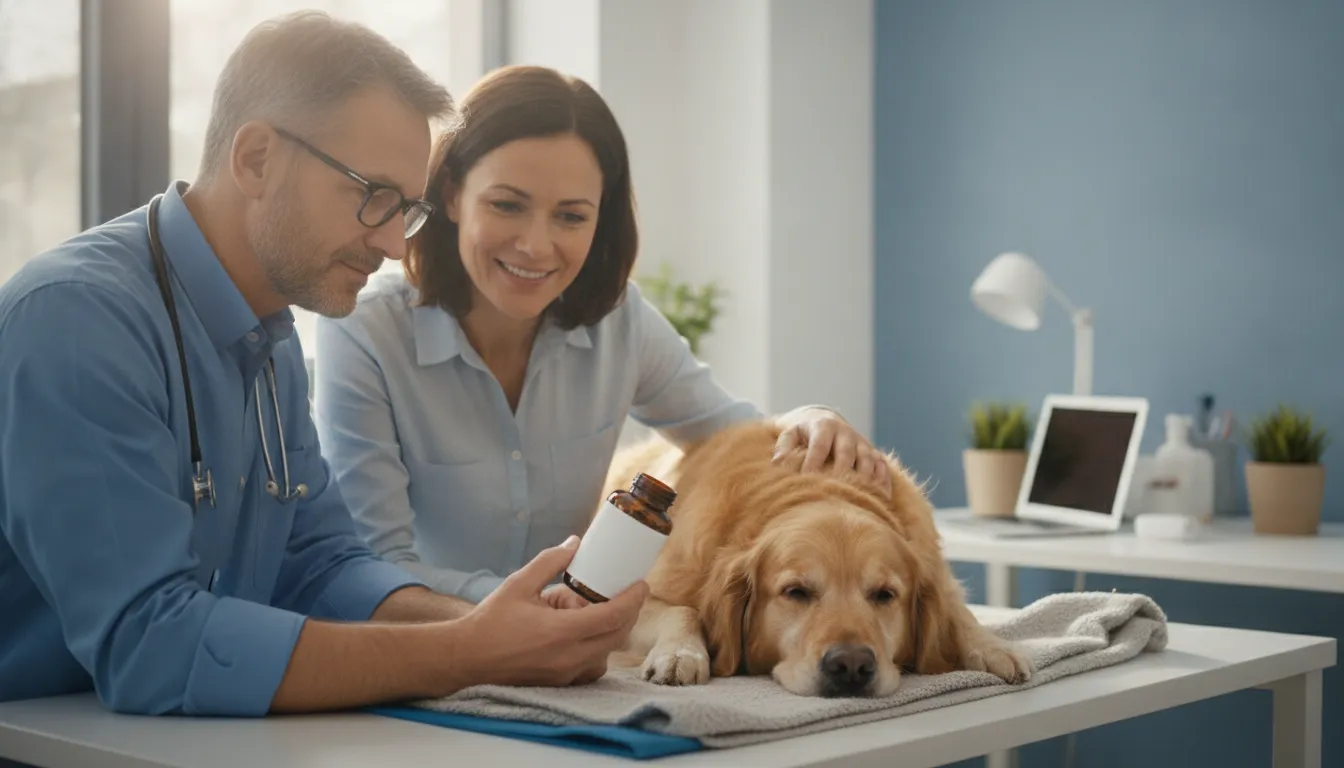 Veterinarian and dog owner reviewing a canine joint supplement