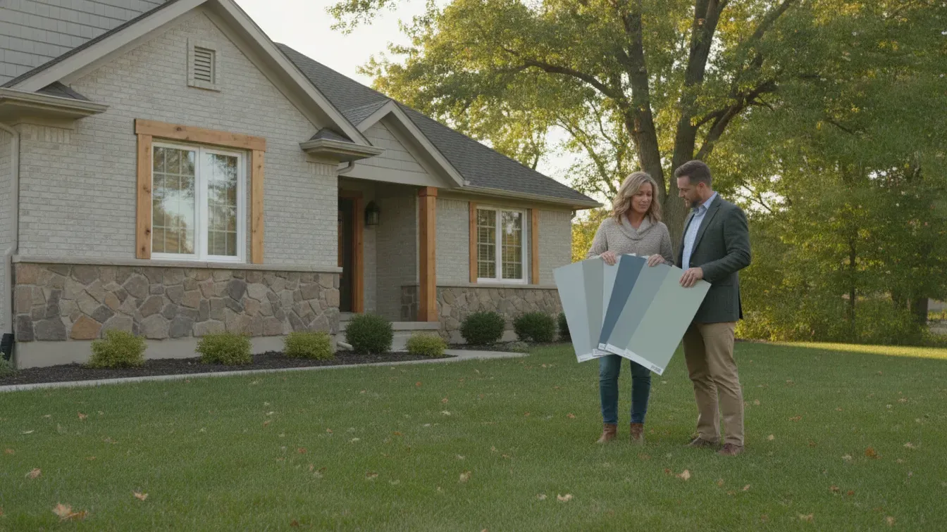 Michigan homeowner comparing siding color samples with an exterior design professional
