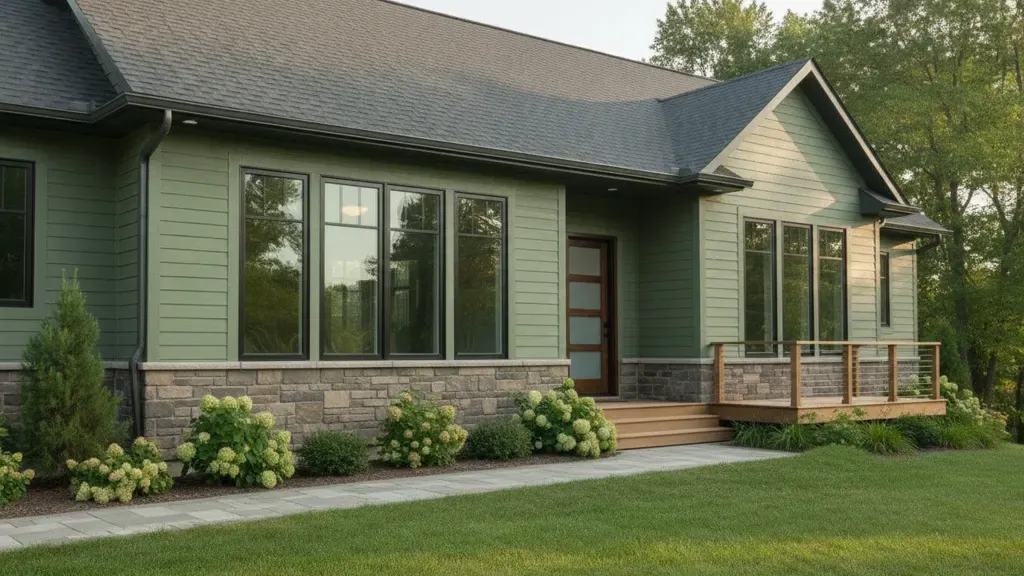 Finished Michigan home exterior with coordinated siding, windows, stone, gutters, and decking
