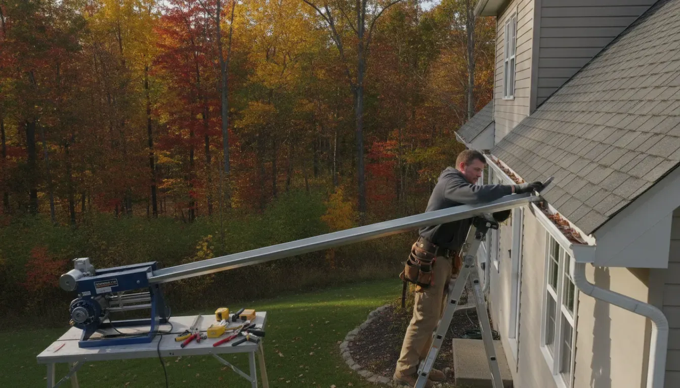 Professional forming and fitting a seamless aluminum gutter on a Michigan home