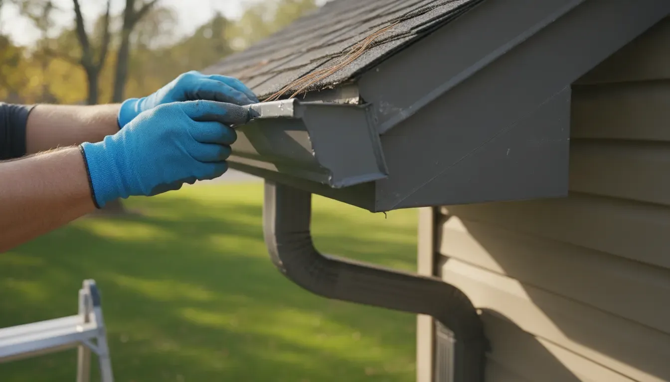Contractor inspecting a localized gutter seam repair on a Michigan home