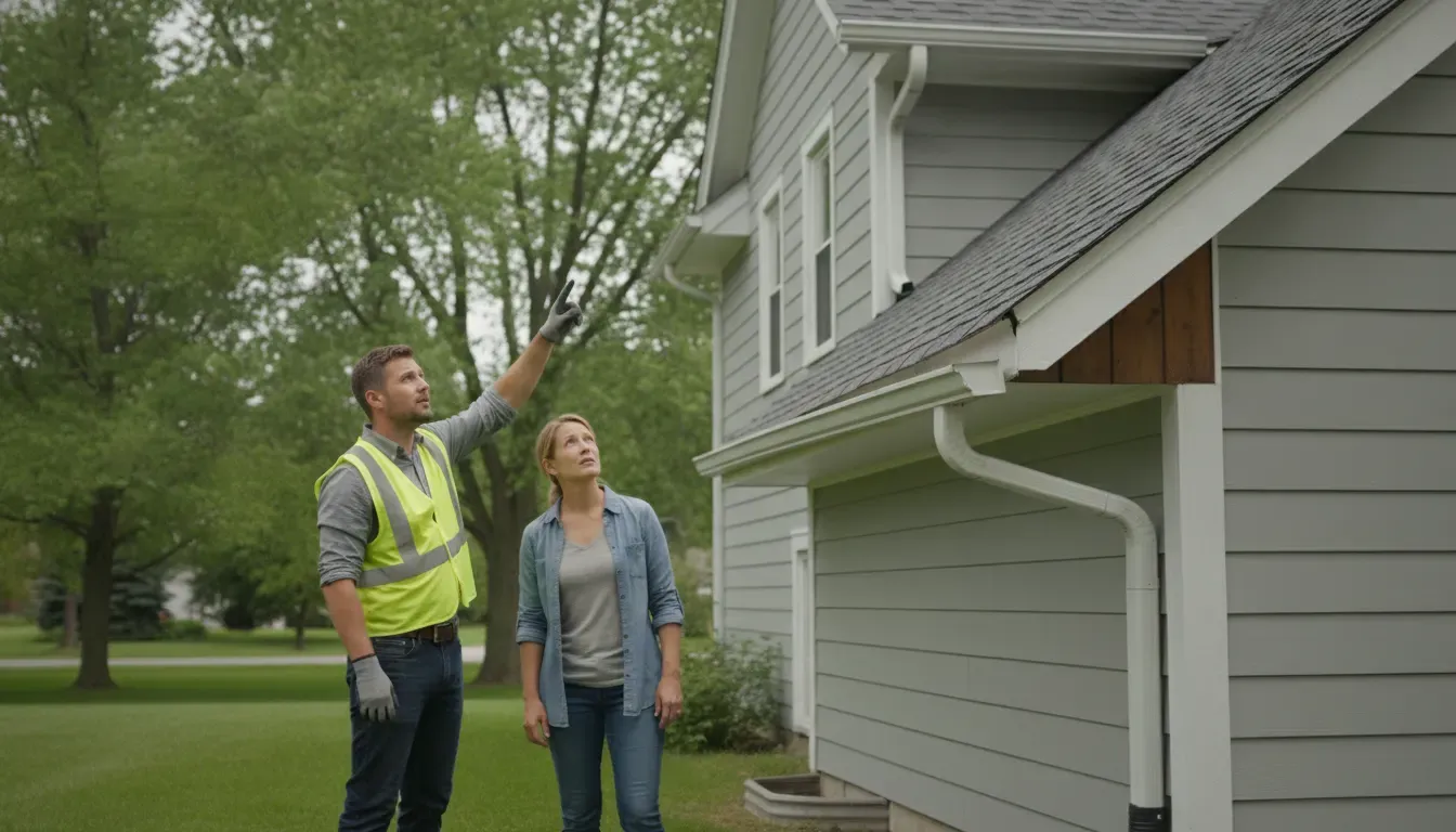 Contractor and Michigan homeowner reviewing sagging gutters before replacement