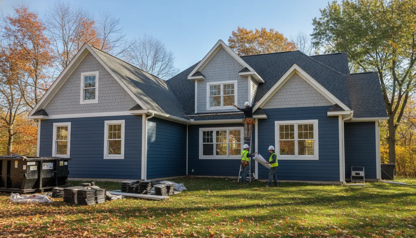 Exterior renovation crew coordinating roof siding and window installation on a Michigan home