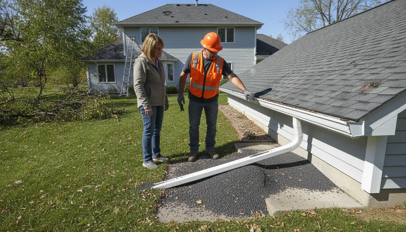 Contractor showing a homeowner shingle granules in the gutter after a Michigan hailstorm
