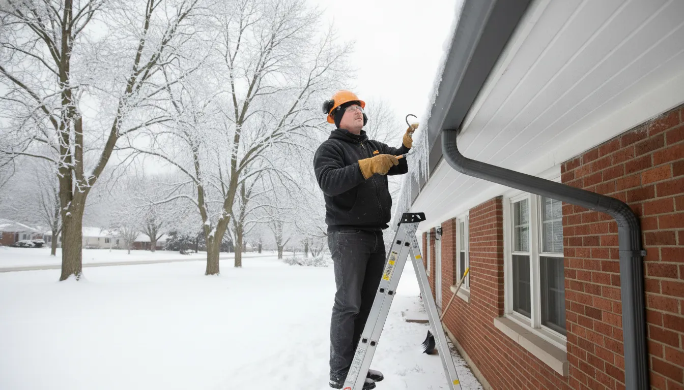 Contractor inspecting gutter protection on a Michigan home in winter