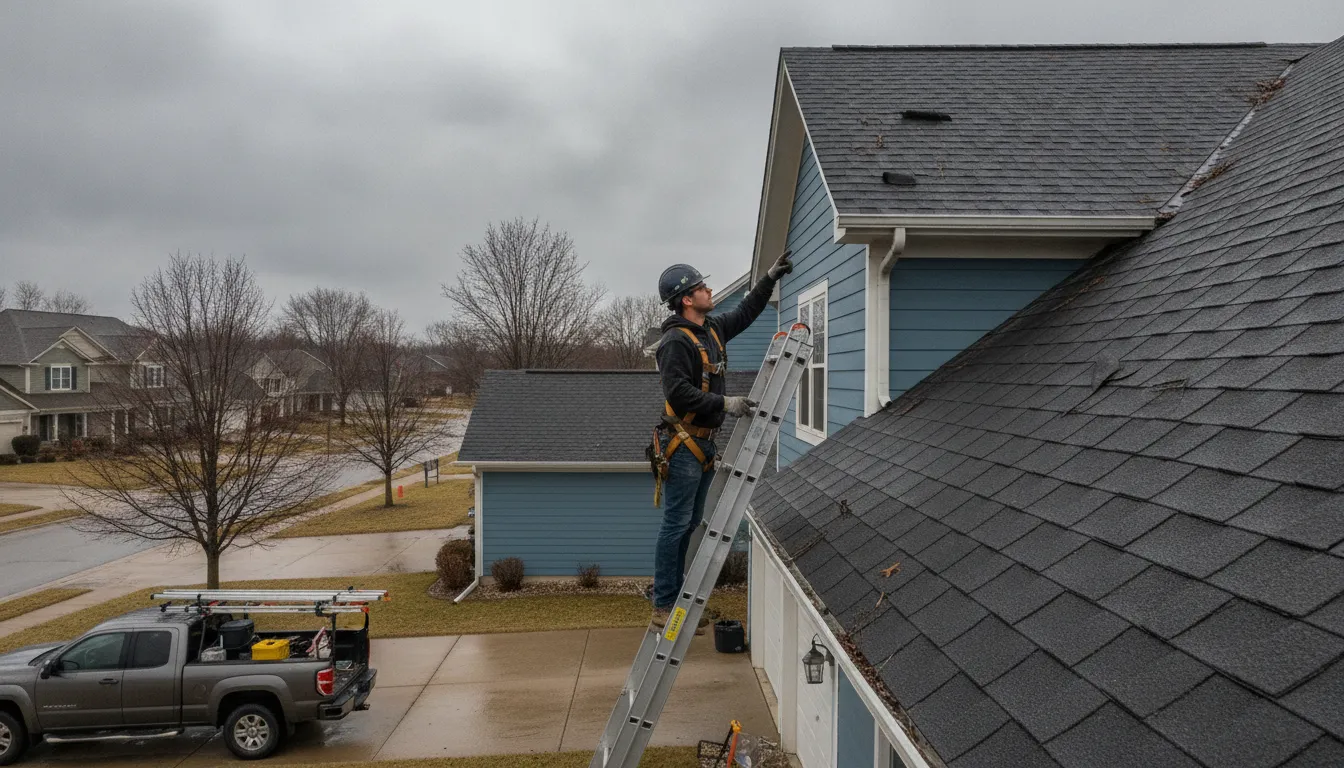 Roofer inspecting asphalt shingles for hail damage on a Michigan home after a storm