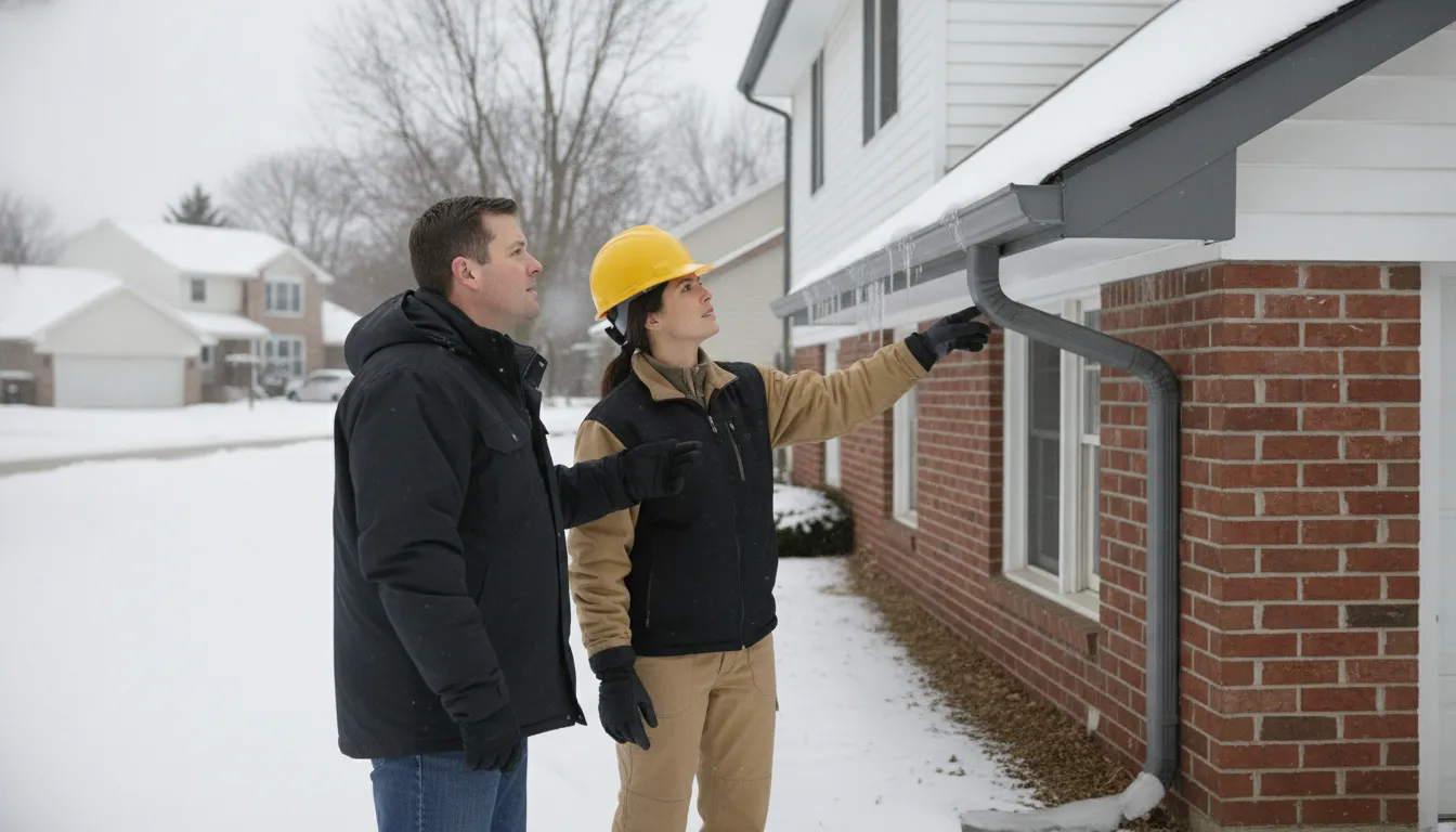 Michigan homeowner and contractor reviewing a winter roof and gutter system