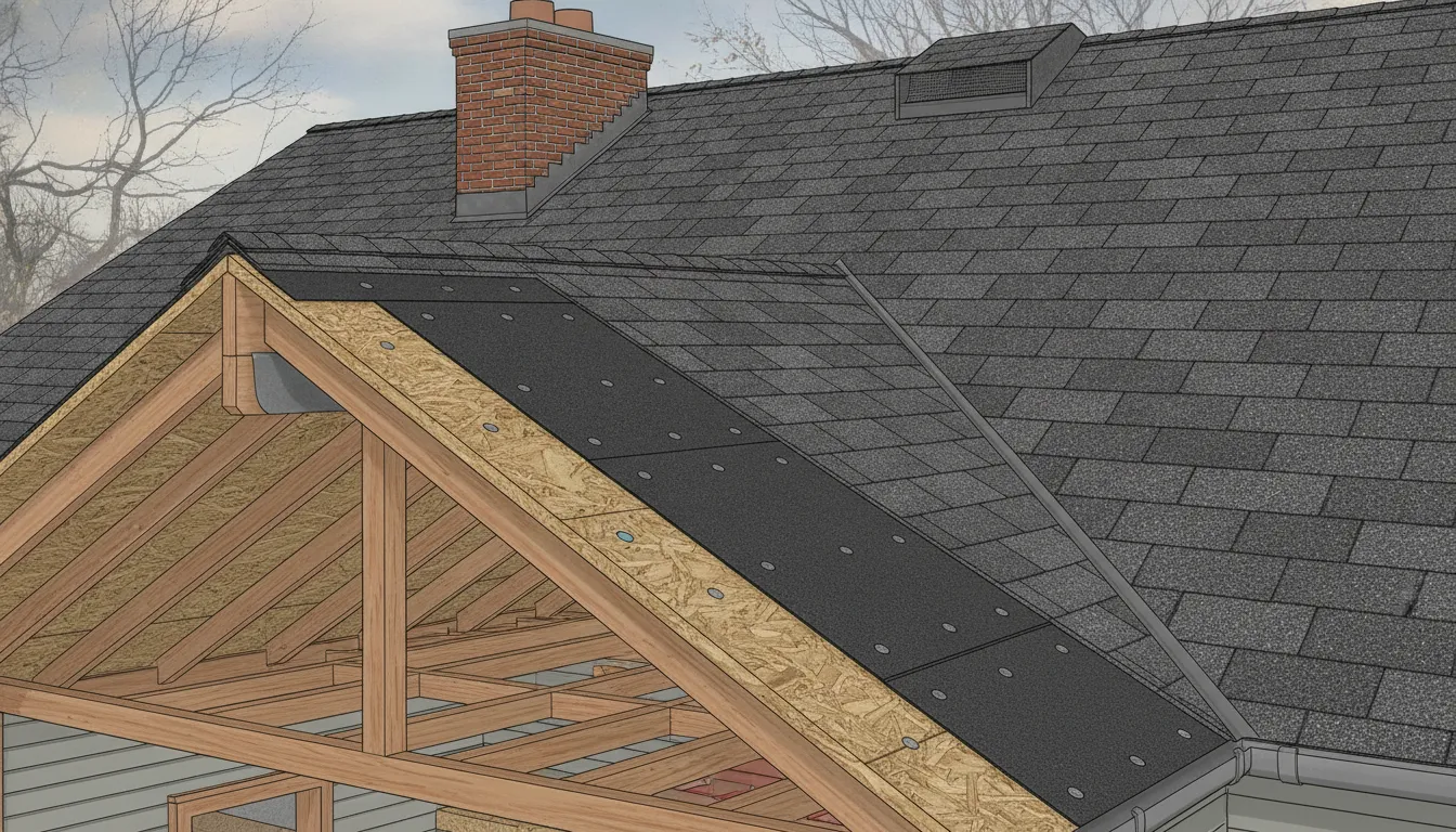 Roofing crew installing underlayment and shingles on a two-story Michigan home with safety equipment
