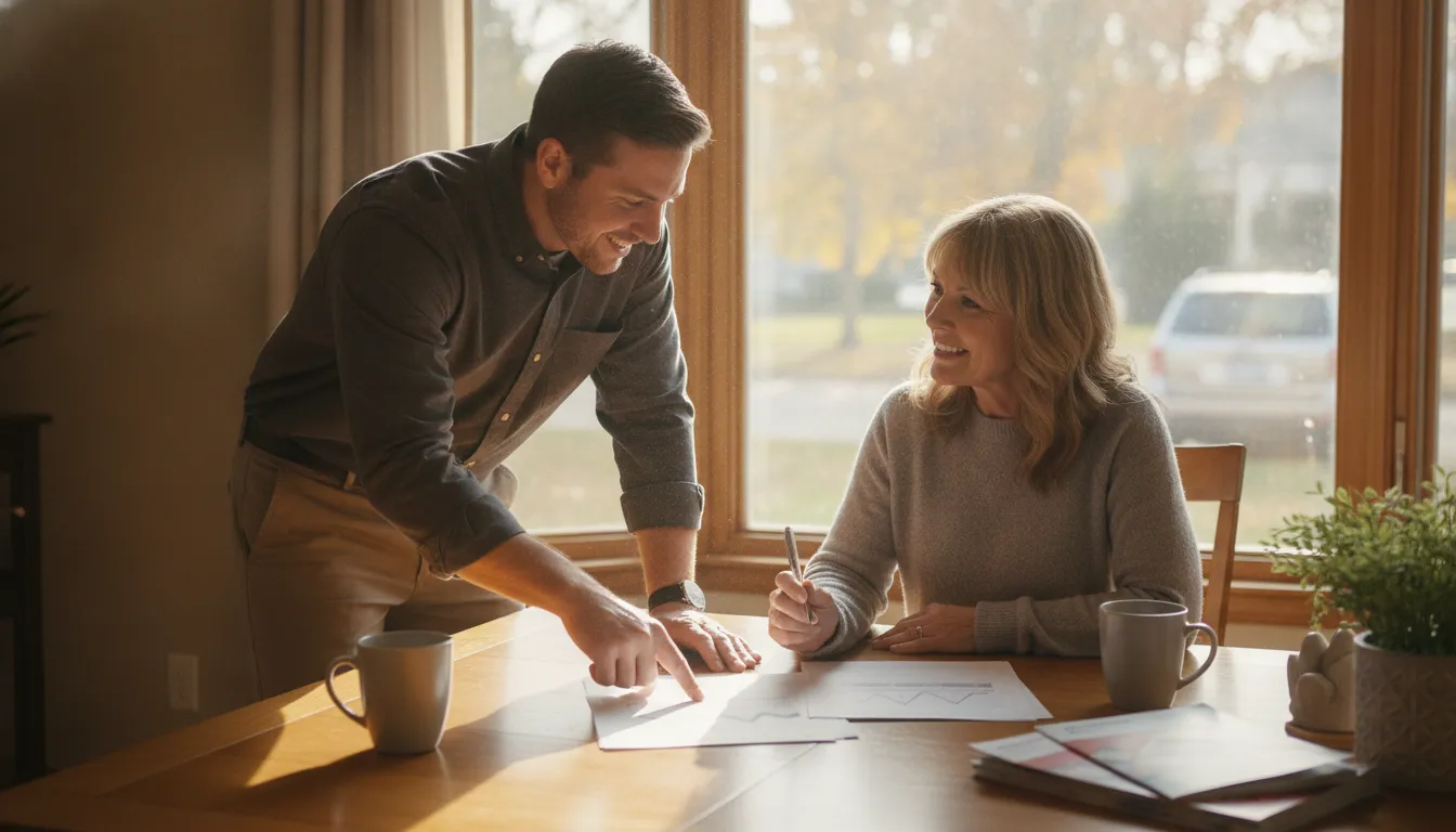 Contractor reviewing a roof replacement financing estimate with a Michigan homeowner