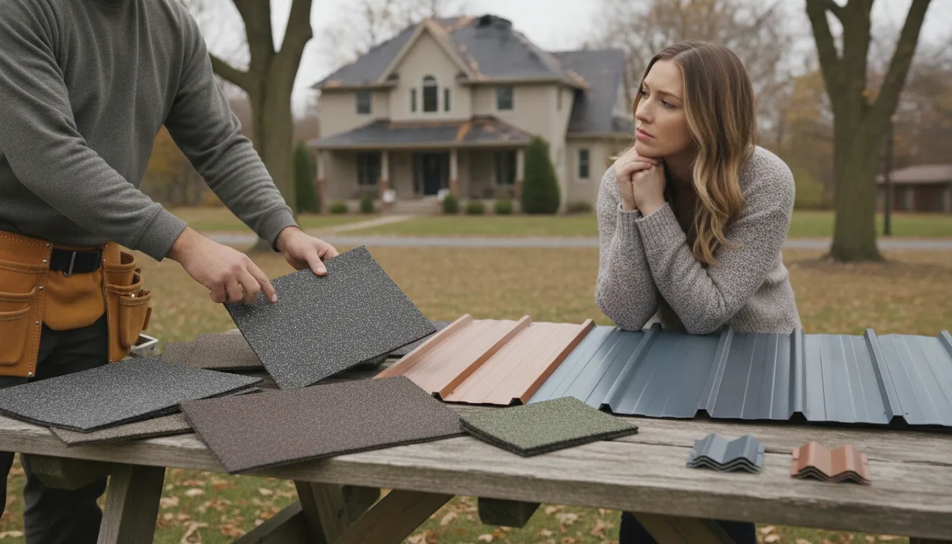 Homeowner reviewing roofing material options including asphalt shingle and metal samples during a consultation