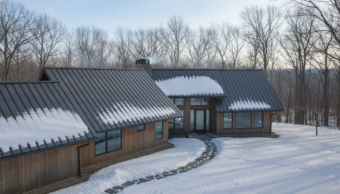 Standing seam metal roof on a Michigan home in winter