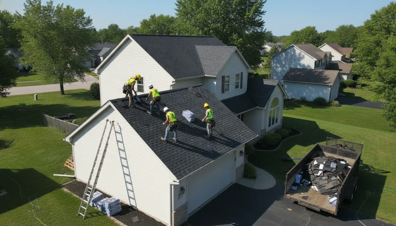 Roofing crew installing new shingles on a Michigan home