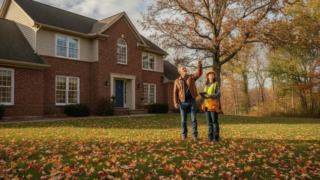 Michigan homeowner and contractor inspecting a home's roofline and exterior before a makeover