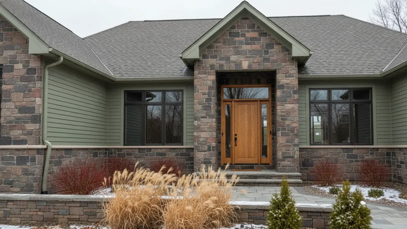 Michigan home with sage siding, stone veneer, gray roof, and coordinated exterior materials