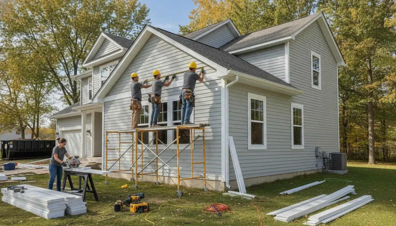 Crew aligning siding panels and trim on a Michigan home