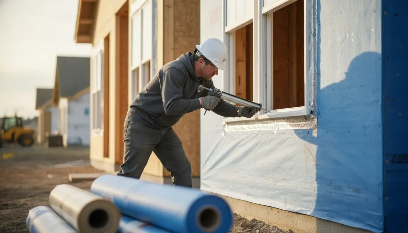 Contractor preparing weather barrier and window flashing before siding installation in Michigan