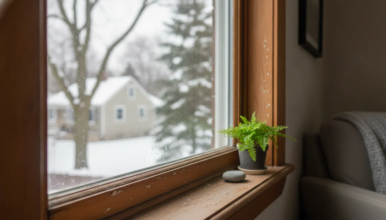 Michigan homeowner evaluating a damaged window frame for repair or replacement