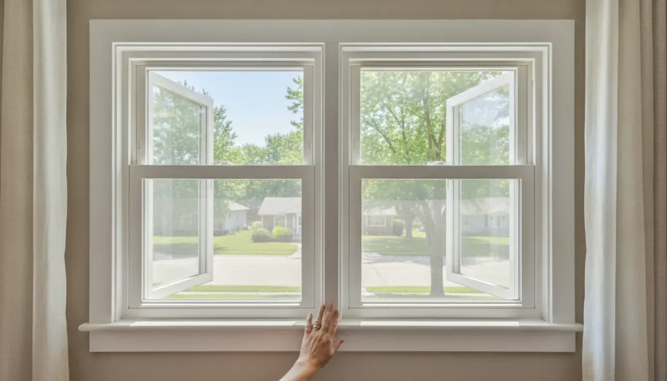 Michigan homeowner opening a double-hung window for indoor ventilation