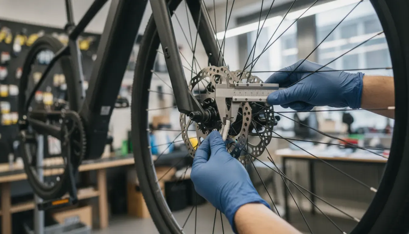 Technician measuring electric bike brake pad thickness before replacement