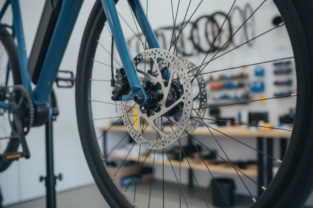 Close-up inspection of worn electric bike brake pads and rotor