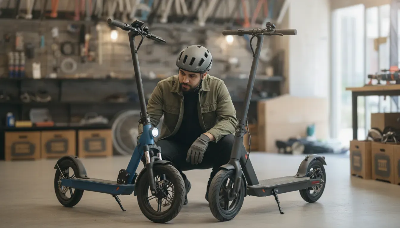 Segway Ninebot electric scooter review feature comparison in a workshop