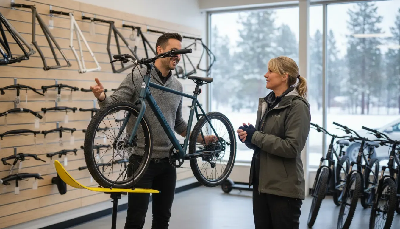 Electric snow bike buying consultation at a Bend showroom