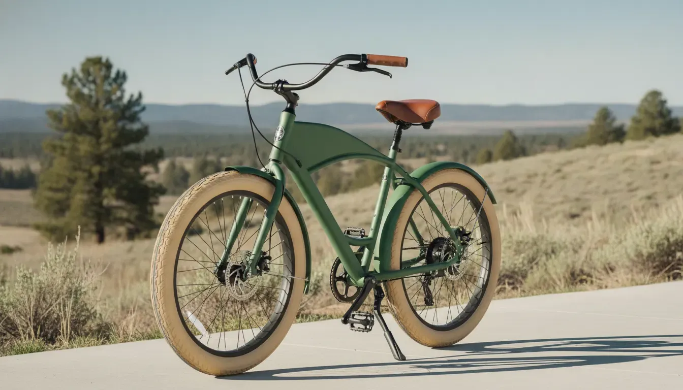 Low step-through frame and upright handlebars on a comfortable cruiser electric bike