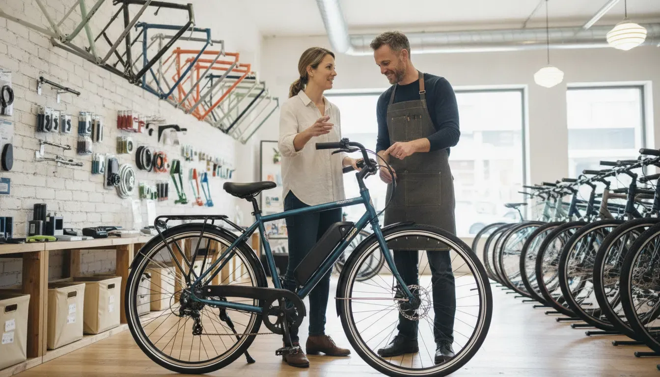 Shopper discussing cruiser e-bike fit and service with a bike specialist