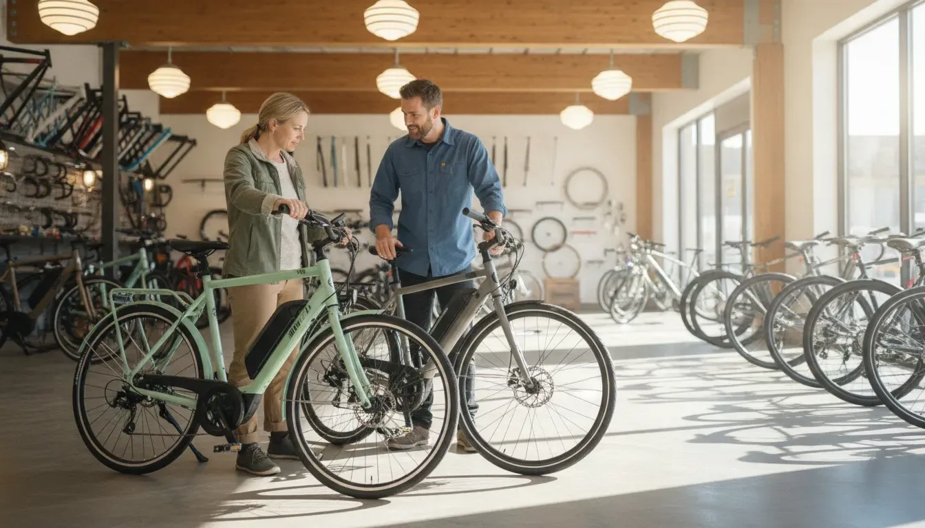 Adults comparing electric cruiser bike comfort and battery features at a Bend showroom