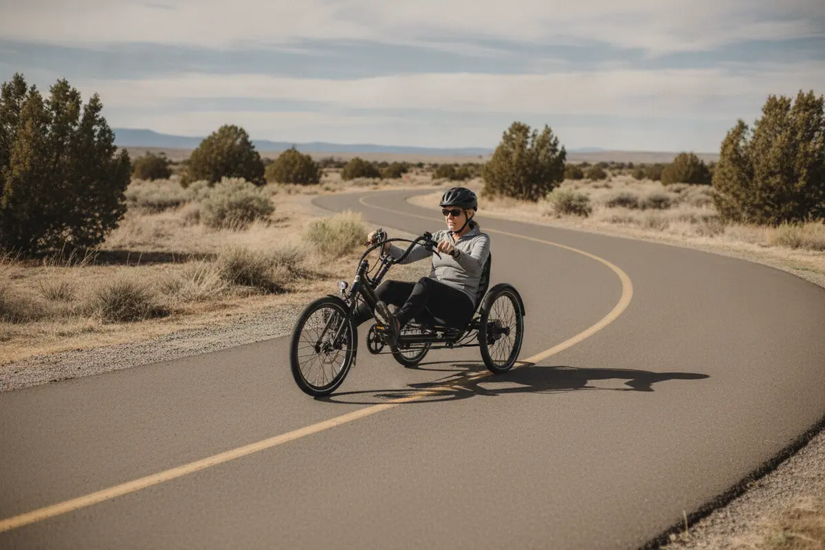 Customer practicing low-speed steering and braking on a recumbent electric trike