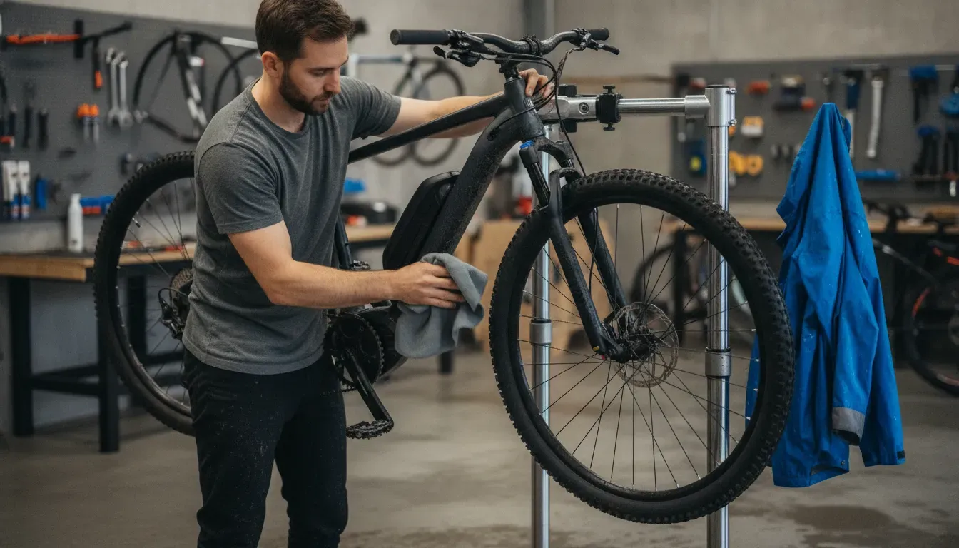 Drying an electric bike after riding in rain in a repair workshop
