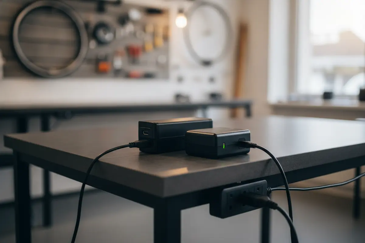 Ebike at home charging setup with battery and charger on a stable surface