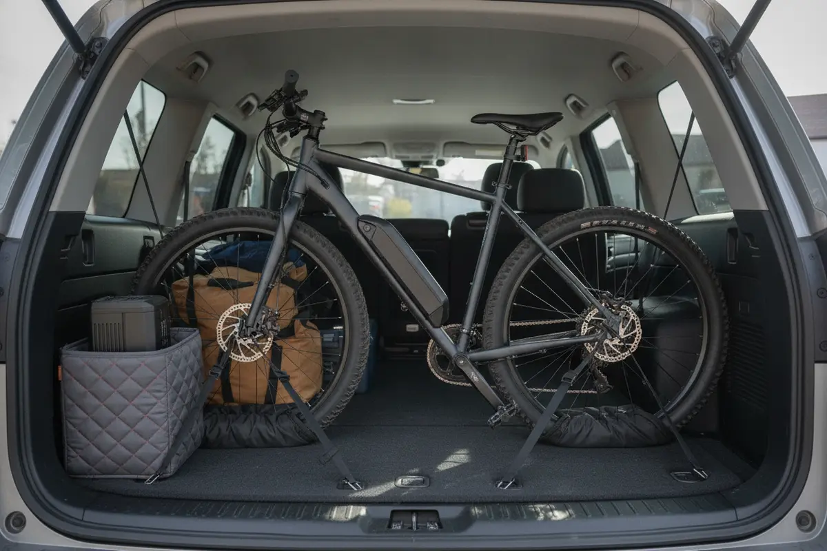 Electric bicycle secured for ground transport with its removable battery protected separately