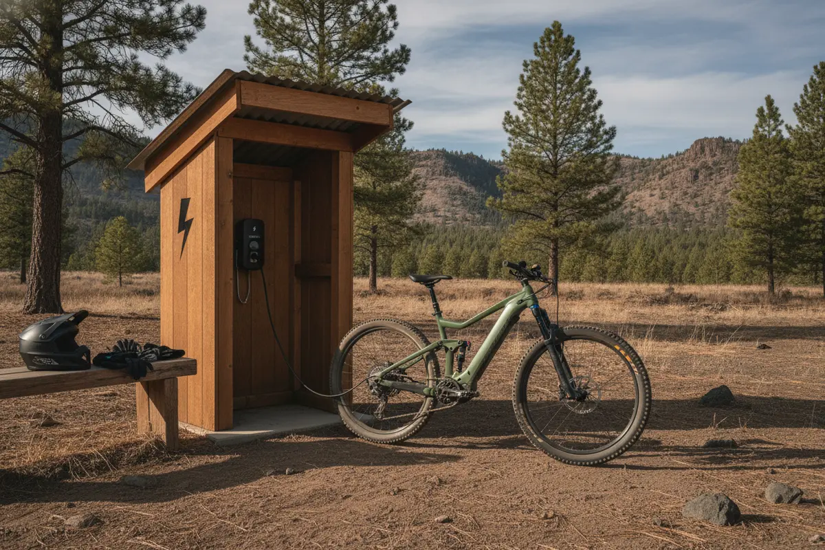 Electric bike charging station at a covered destination stop