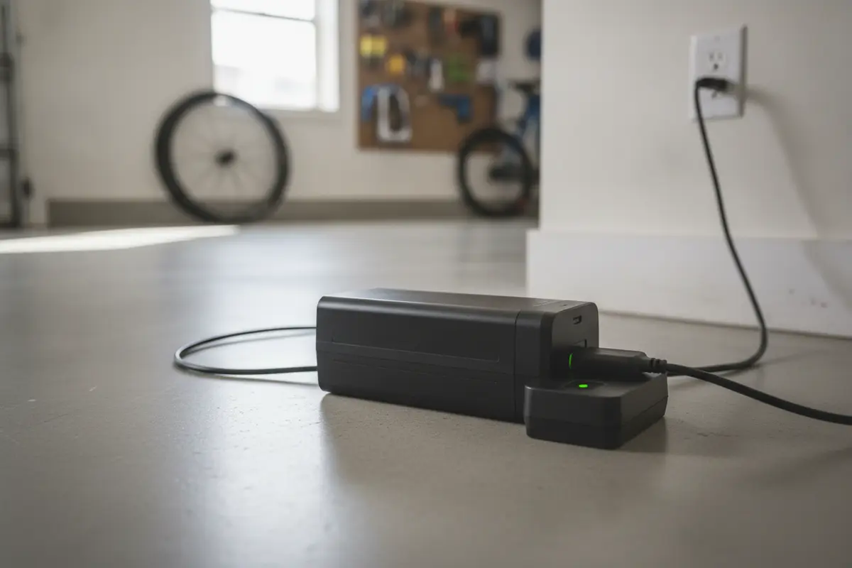 Electric bike battery winter storage setup in a clear, dry area