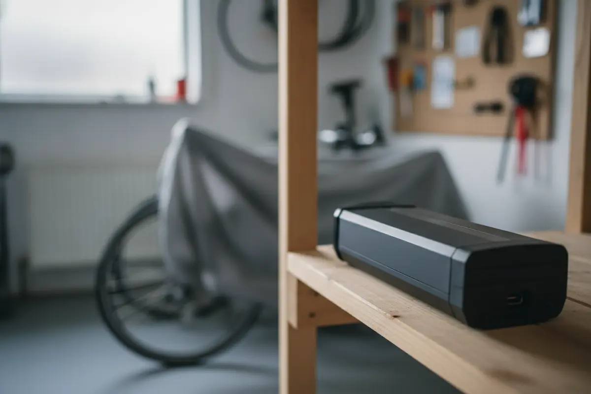 Electric bike battery winter storage on a dry indoor shelf away from heat