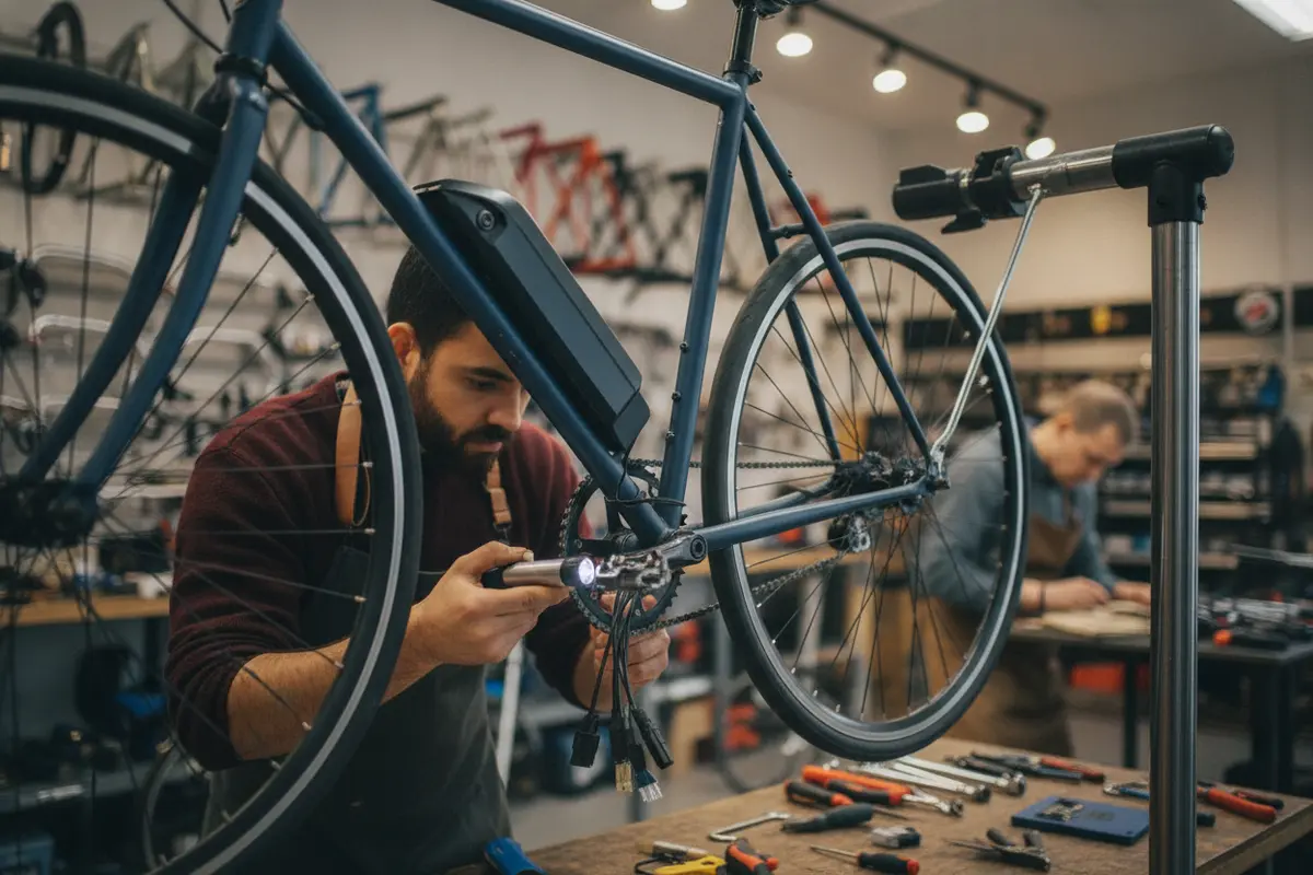 Electric bike controller wiring inspected during diagnosis of power symptoms