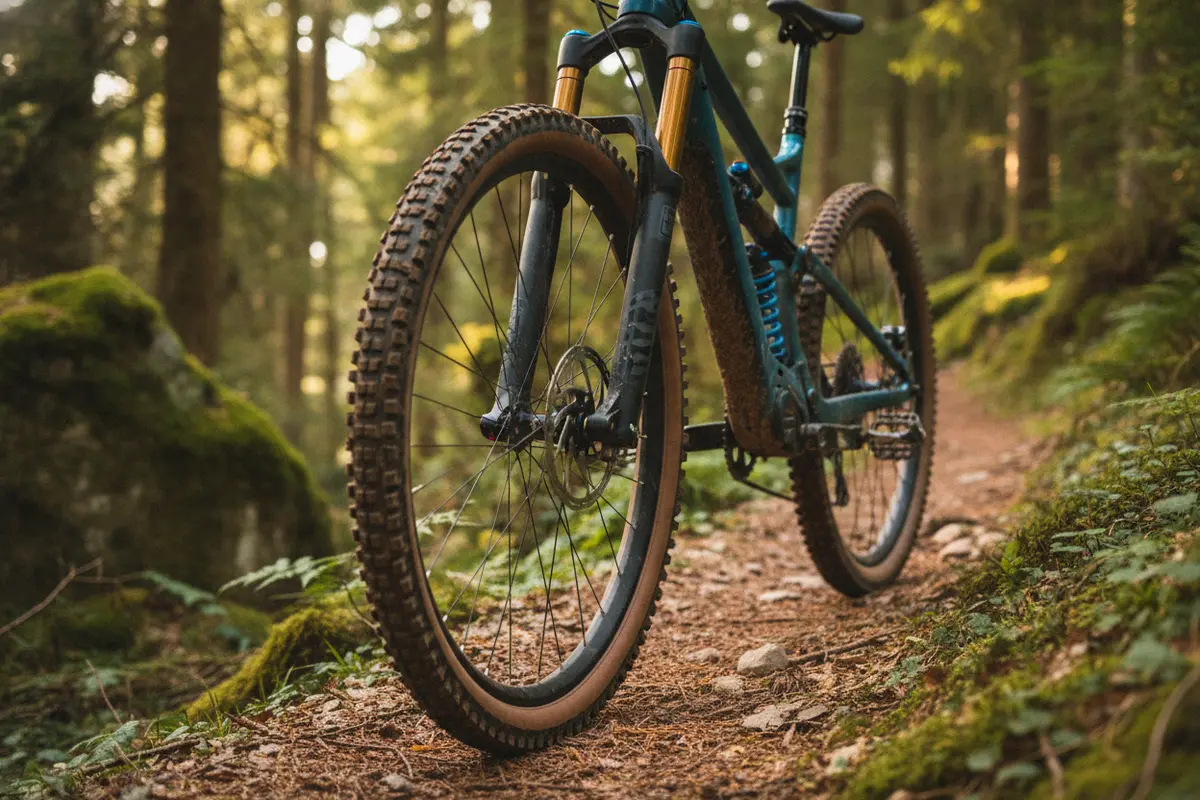 Electric bike suspension and knobby tires on a trail, key features to assess on a Stealth P7R Trail Blazer electric bike