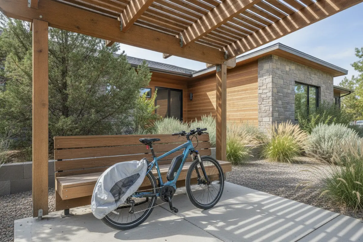 Electric bike under a ventilated weather-resistant outdoor shelter