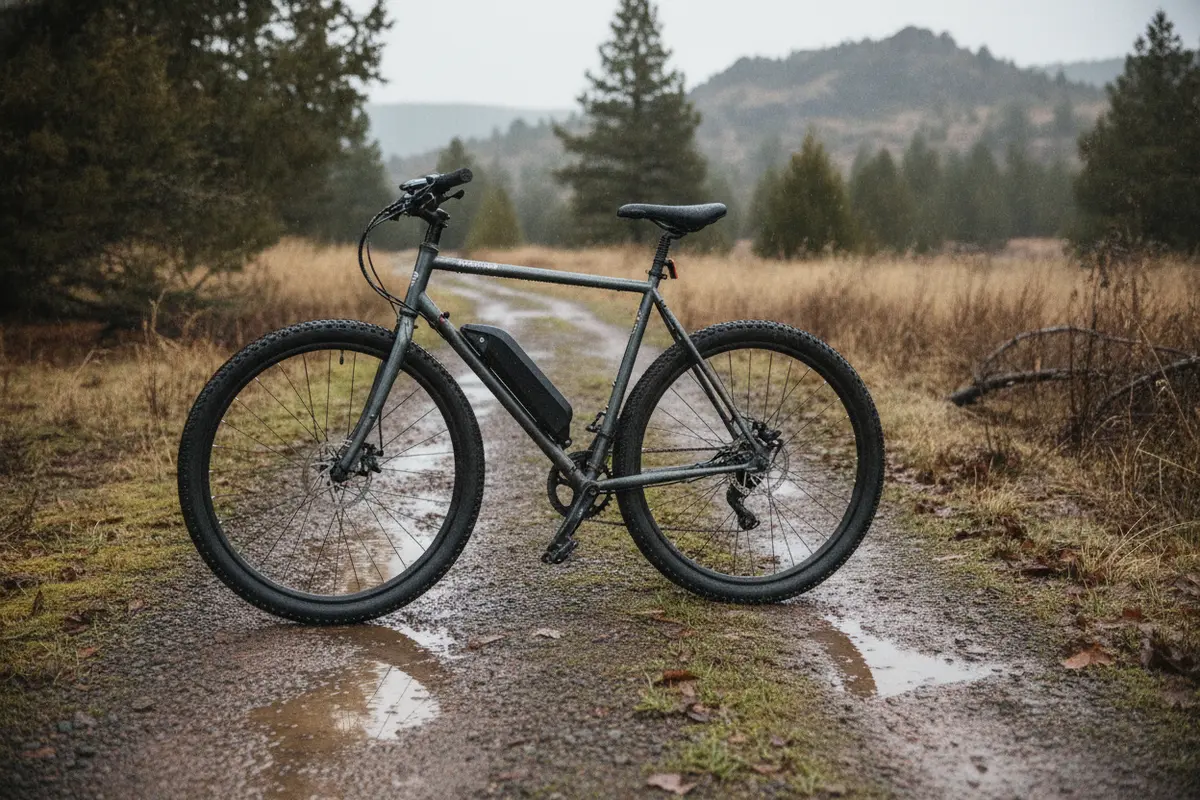 Electric bike with water droplets on its frame after a light rain