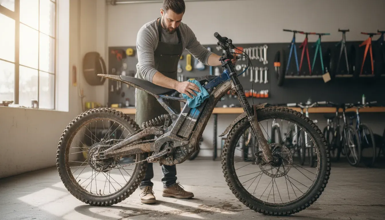 Electric dirt bike maintenance cleaning and inspection after a muddy ride