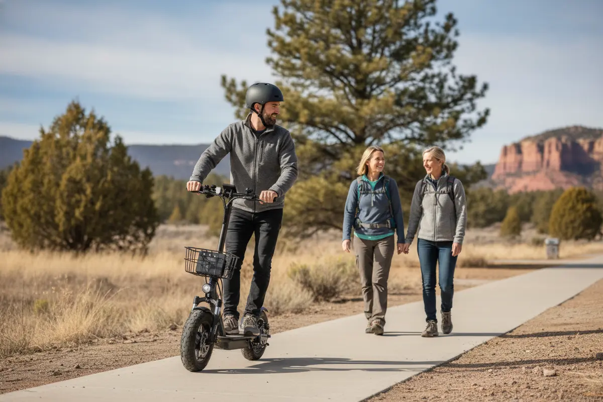 Electric scooter rider yielding to pedestrians on an Oregon sidewalk
