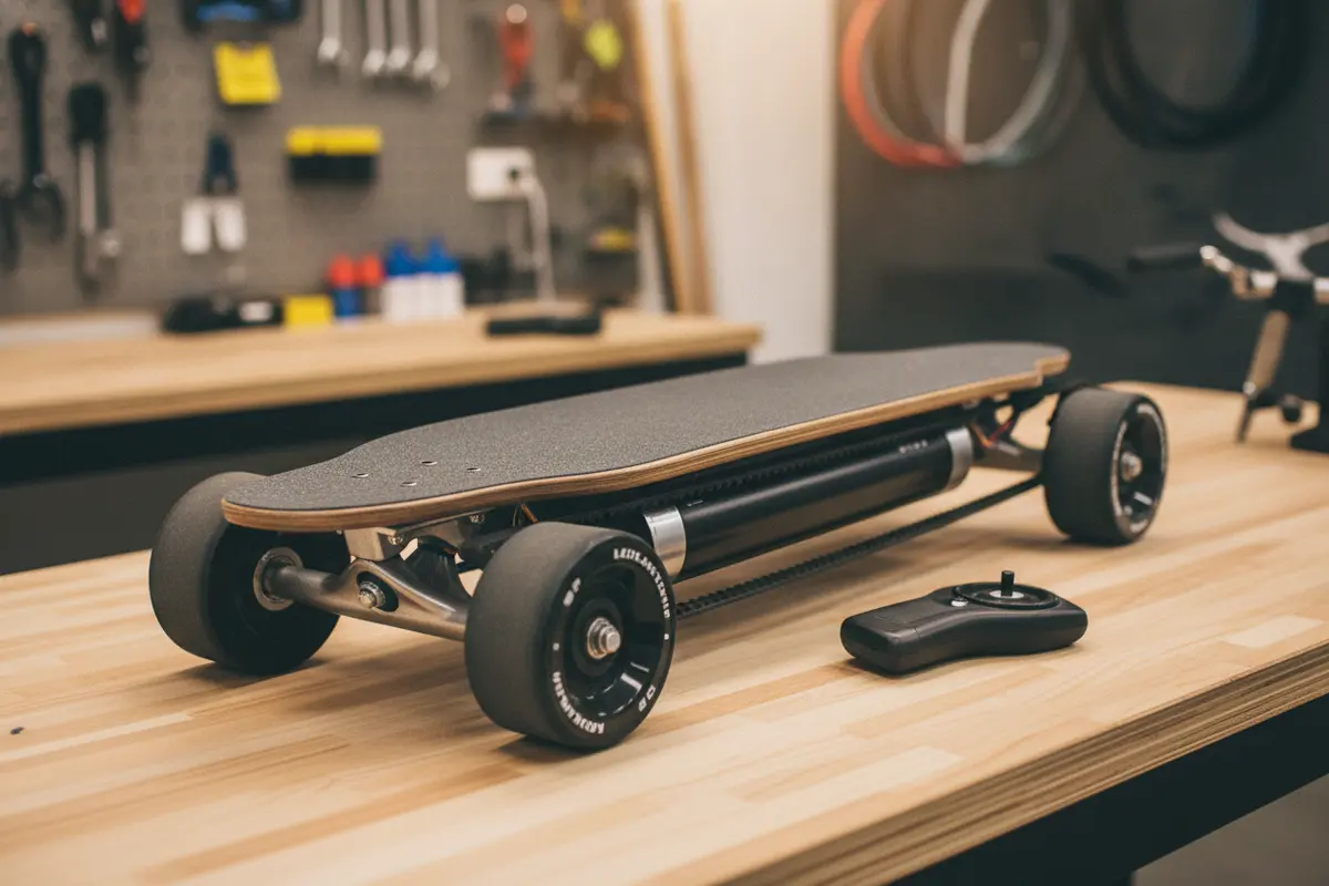 Electric skateboard belt-drive wheels and remote control before a ride