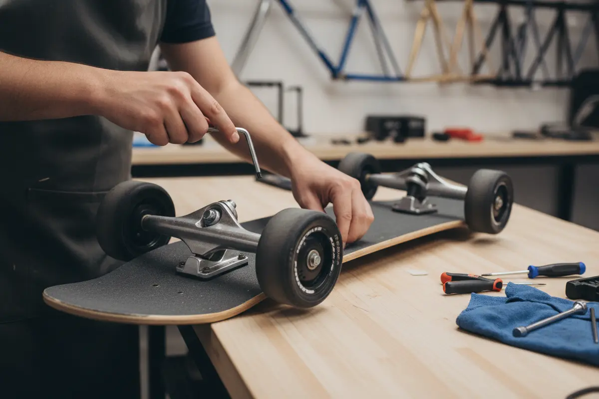 Electric skateboard maintenance check of the deck, truck bolts, and wheels