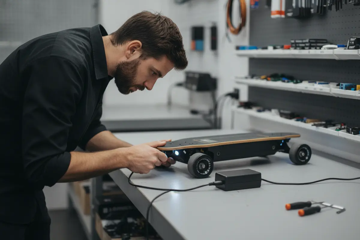 Electric skateboard maintenance includes inspecting the charger and battery port before charging