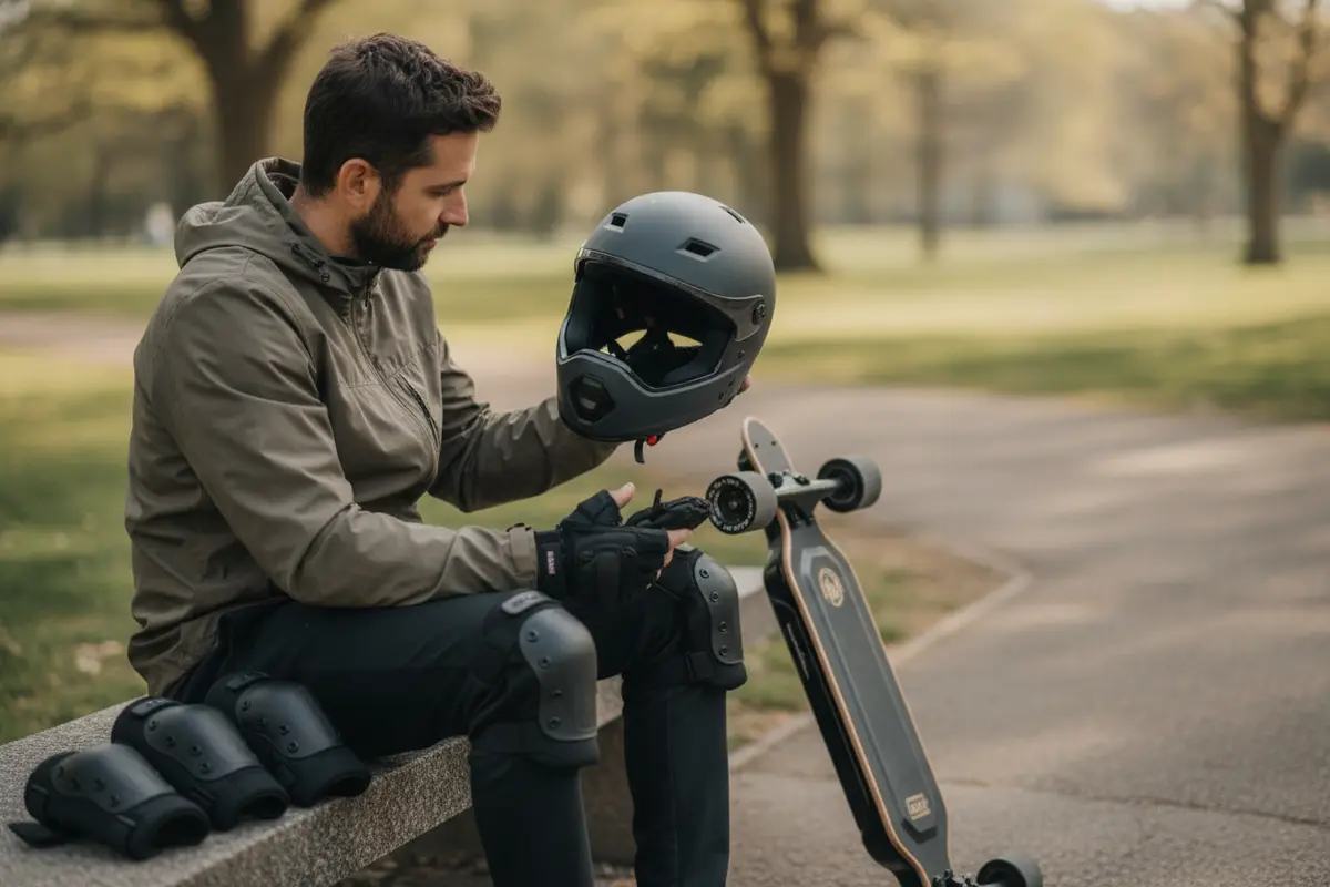 Electric skateboard rider checking a helmet, wrist guards, elbow pads, and knee pads before a ride